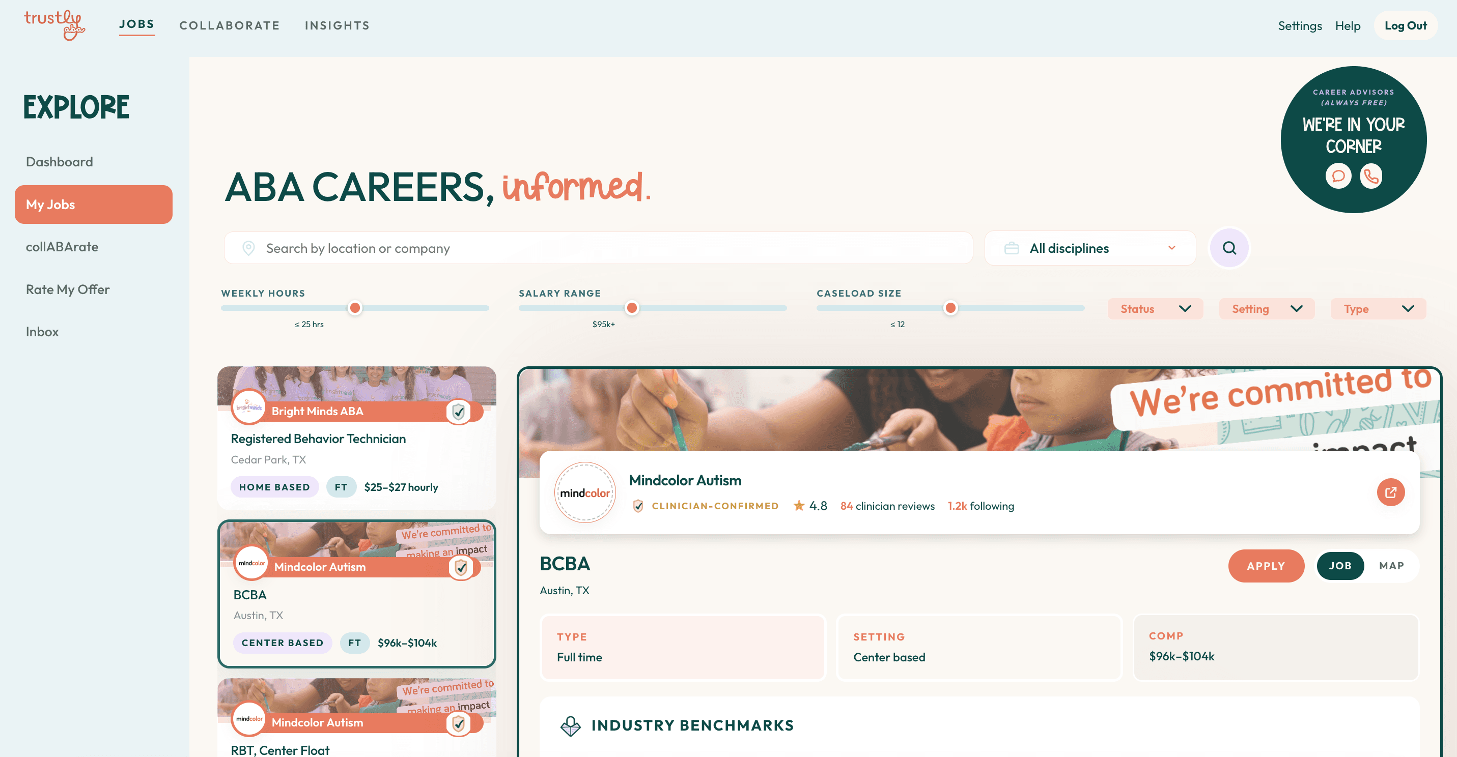 Trustly ABA Trusted Jobs dashboard showing job search, filters, and verified company information